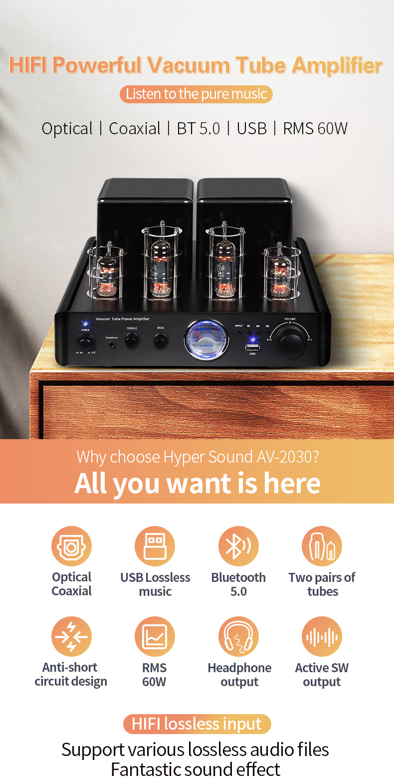 Vacuum tube amplifier highlighting connectivity options like Bluetooth, USB, and Optical input.