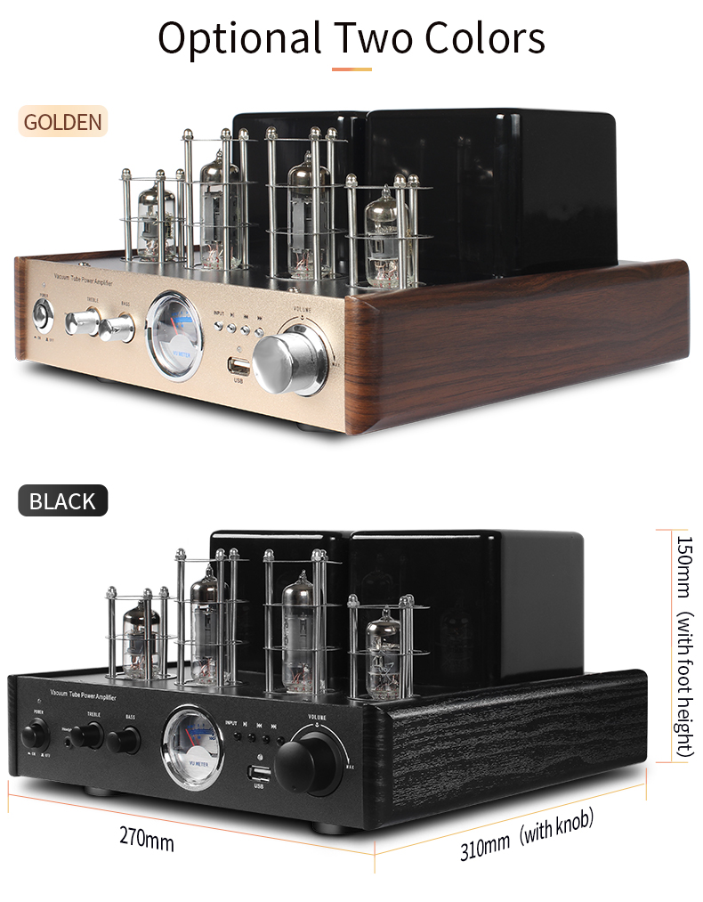 Amplifier shown in golden and black color options with dimension labels.