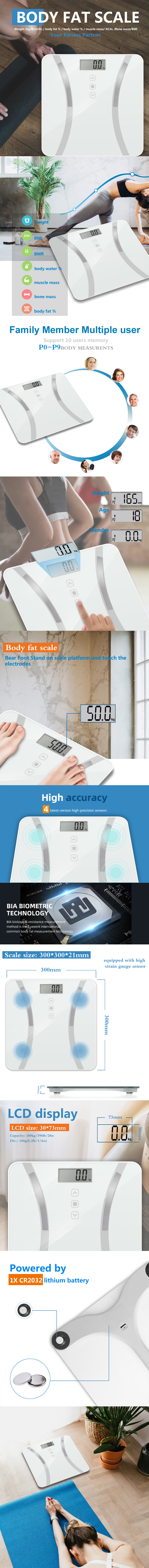 Detailed diagram of the body composition scale features and technical specifications