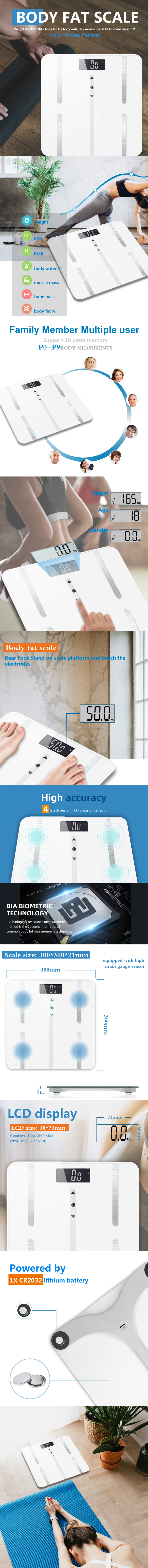 Digital body composition scale showing measurement metrics and user memory features