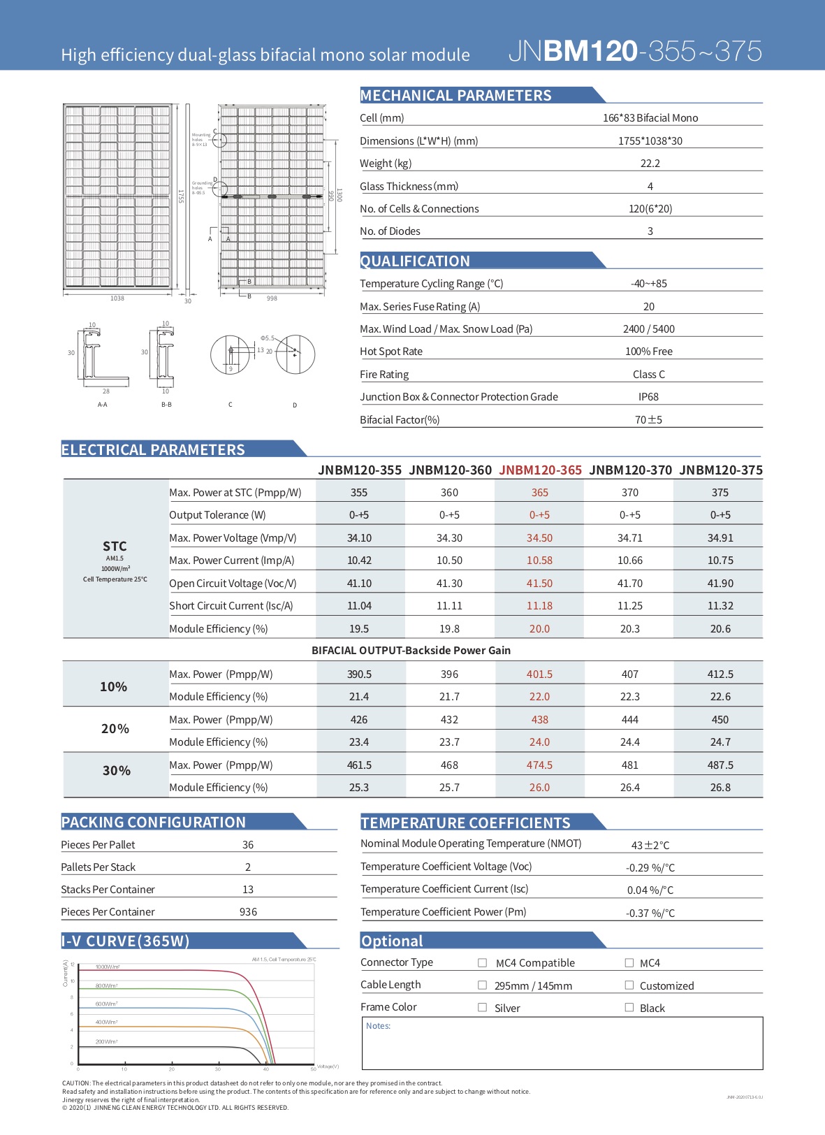 Mechanical and electrical parameter table for the JNBM120 solar module series