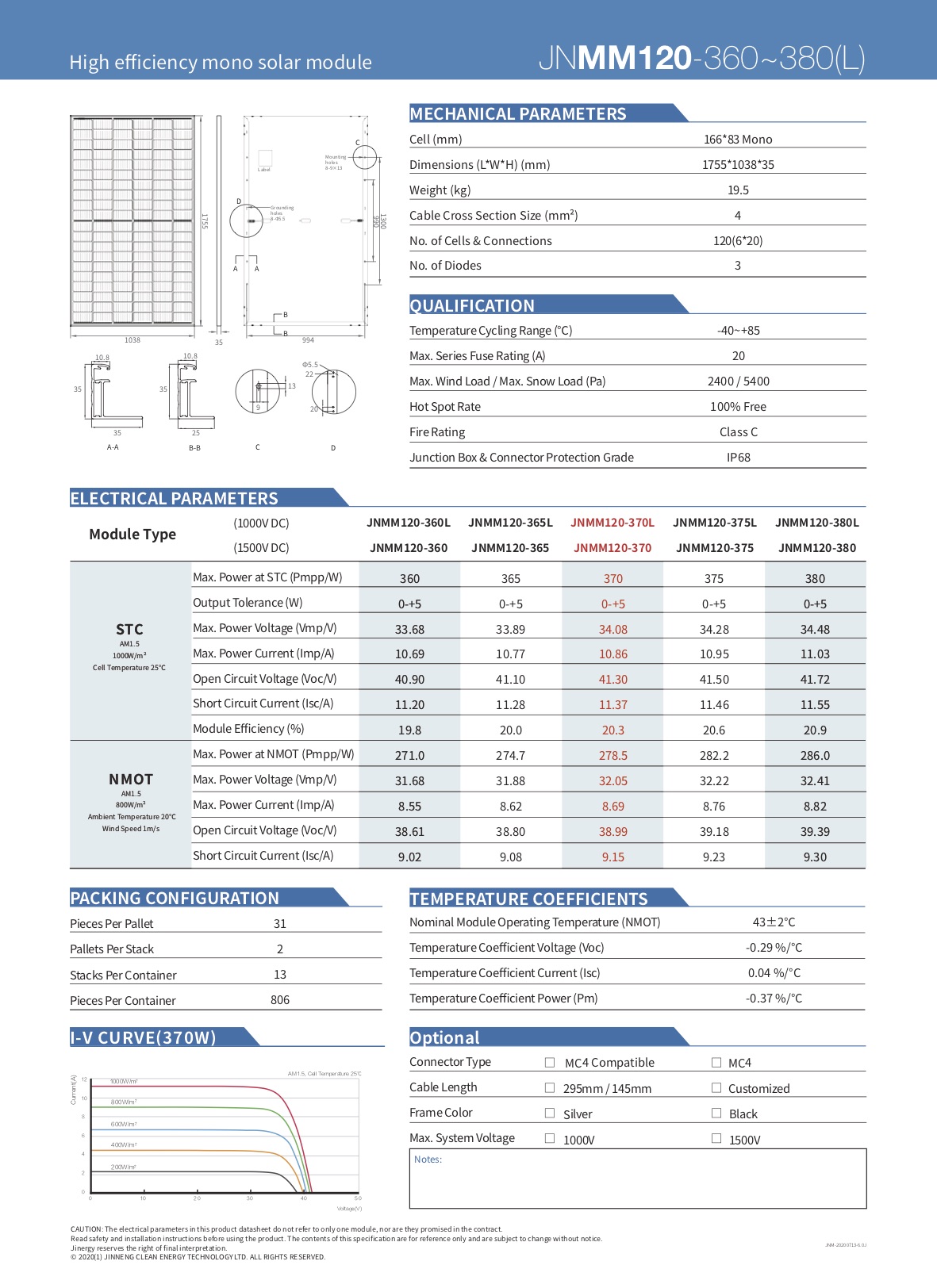 Technical drawing and mechanical parameter table for the 120-cell module