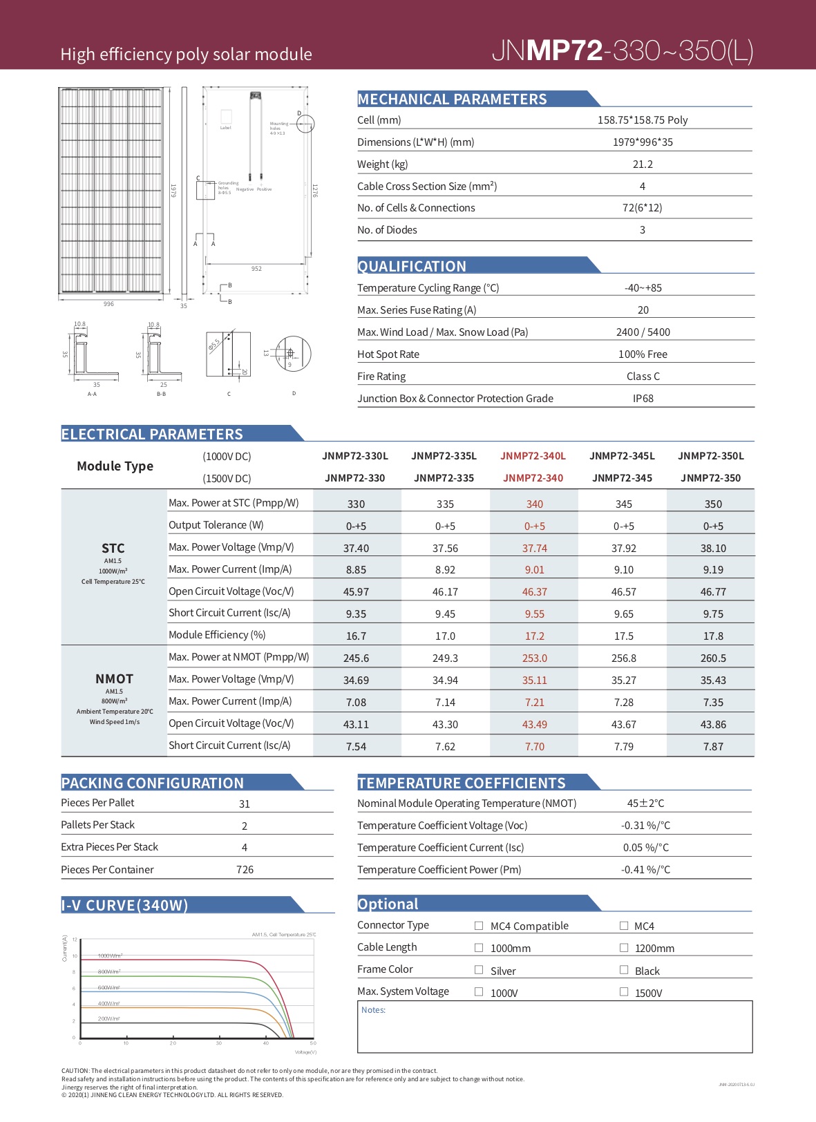 Technical diagram showing mechanical dimensions and electrical parameters for the solar module