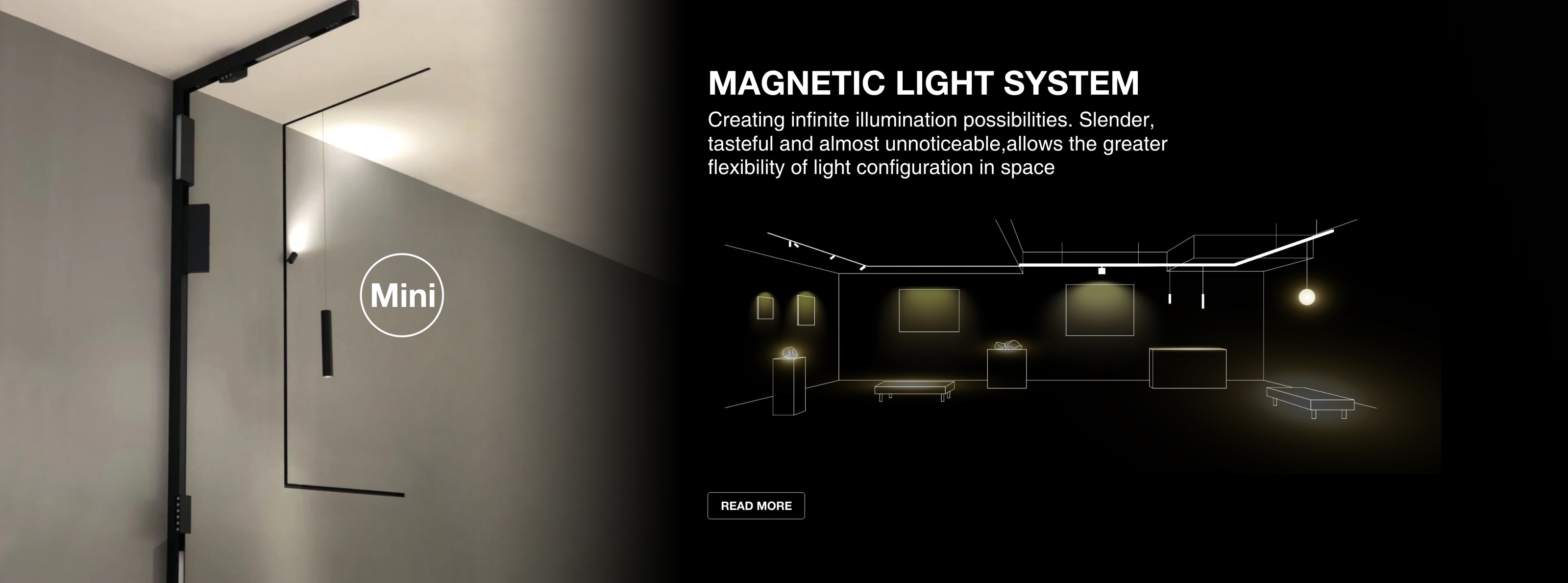Close up of a slender magnetic track lighting system installed in a modern ceiling.