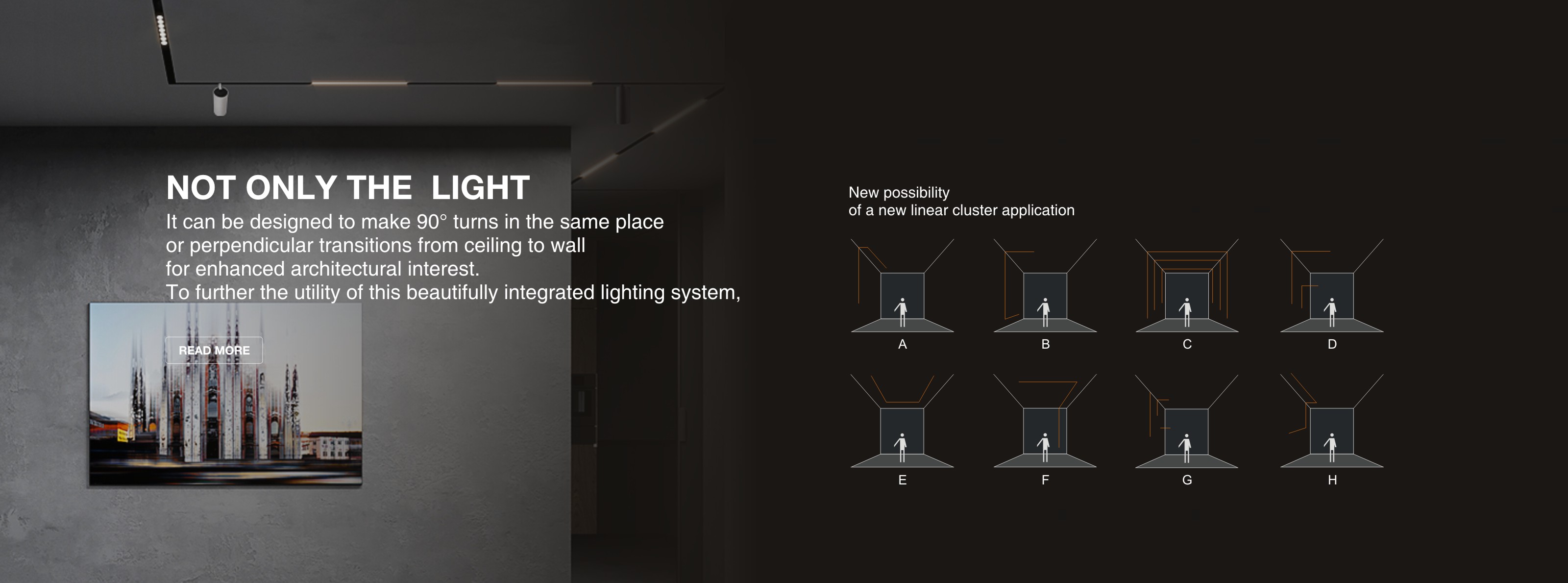 Diagram showing 90-degree turns and ceiling-to-wall transitions for the track system.