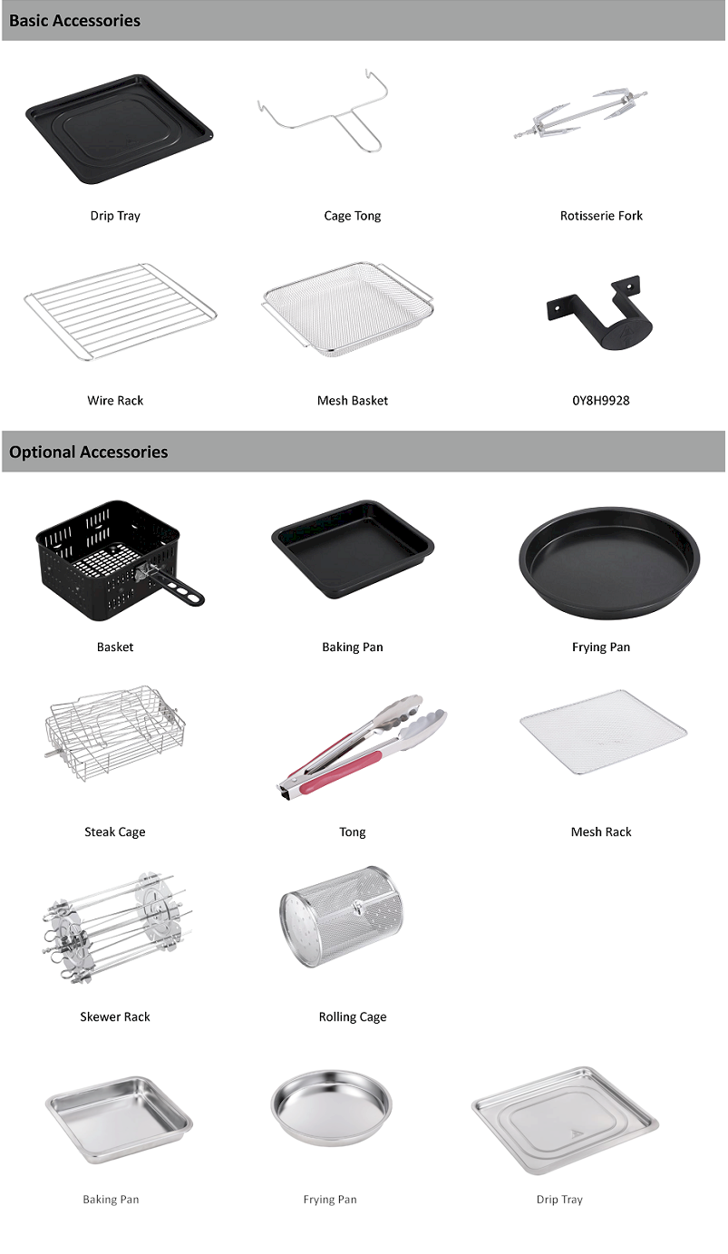 Comprehensive set of air fryer accessories including trays, racks, and tongs.