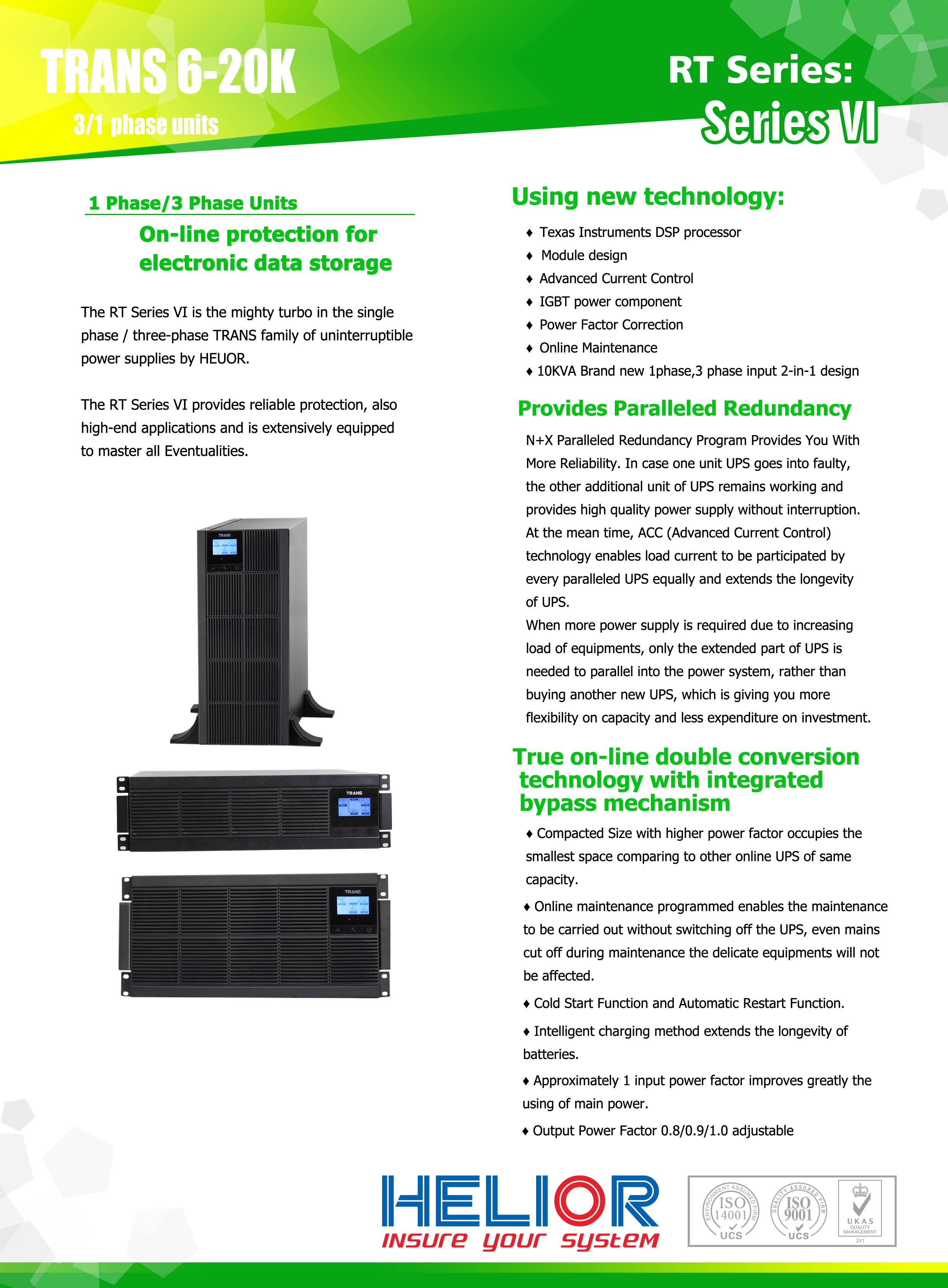 Technical diagram and feature overview of the 6-20kVA UPS series