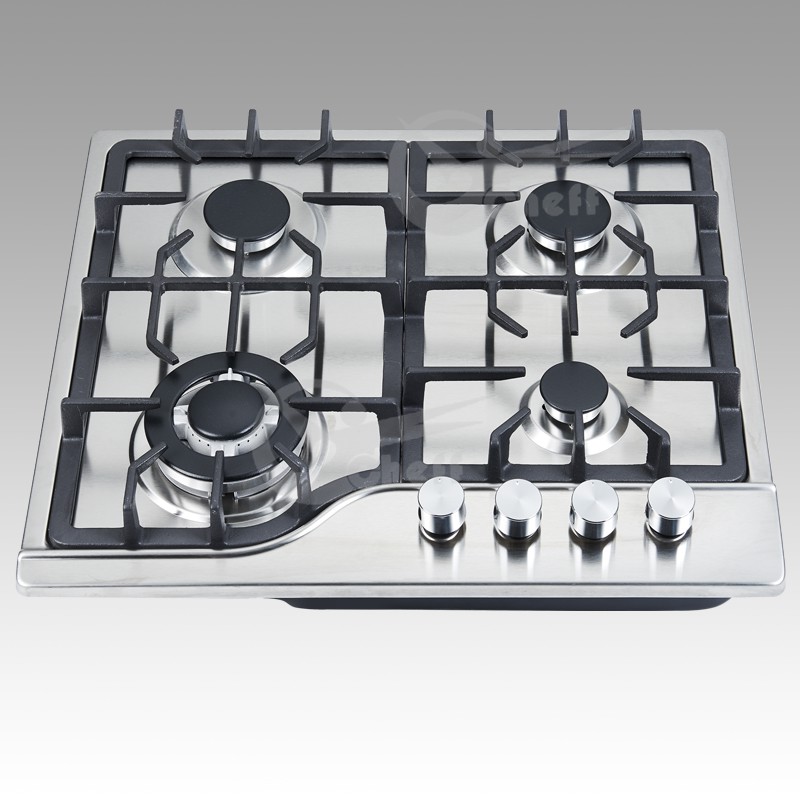 Close up of the four-burner stainless steel gas hob
