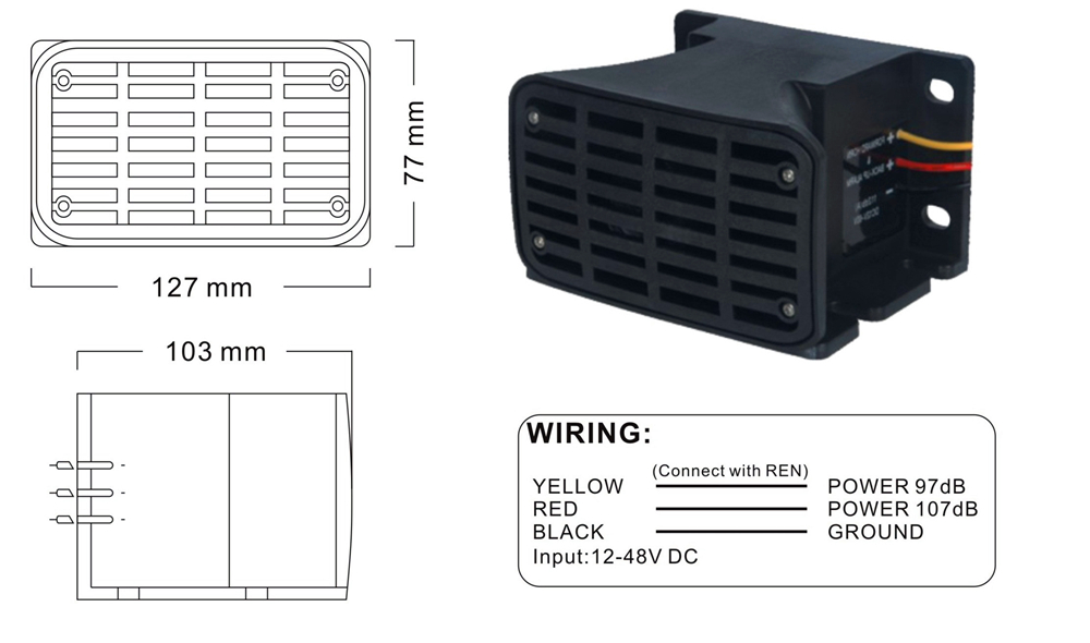 Wiring diagram and dimensions for the reversing alarm
