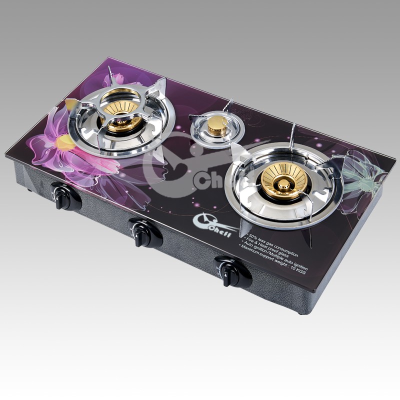 Double burner gas cooktop with tempered glass surface and floral design