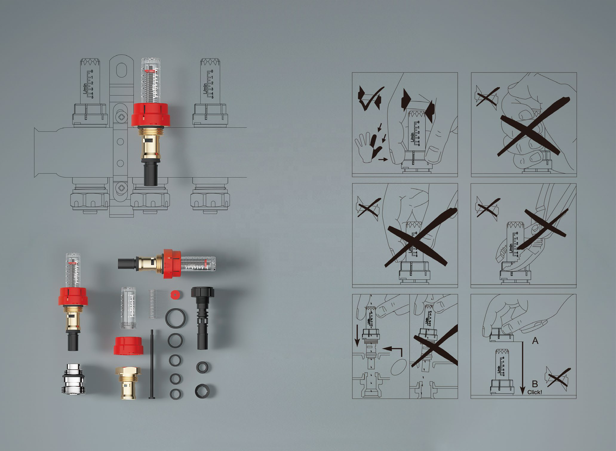 Close up of manifold water flow meter
