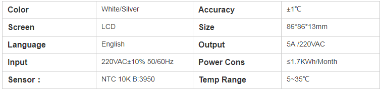 Technical specification overview of the thermostat including power, sensor, and accuracy details.