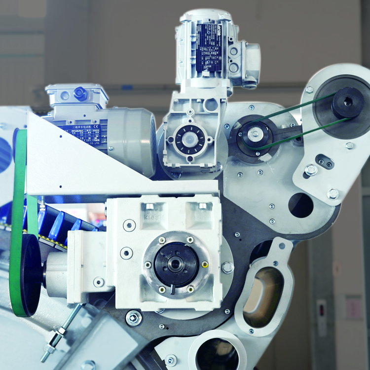 Detailed view of motors, gears, and belts