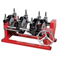 Manual HDPE welding machine showing the clamping and alignment system