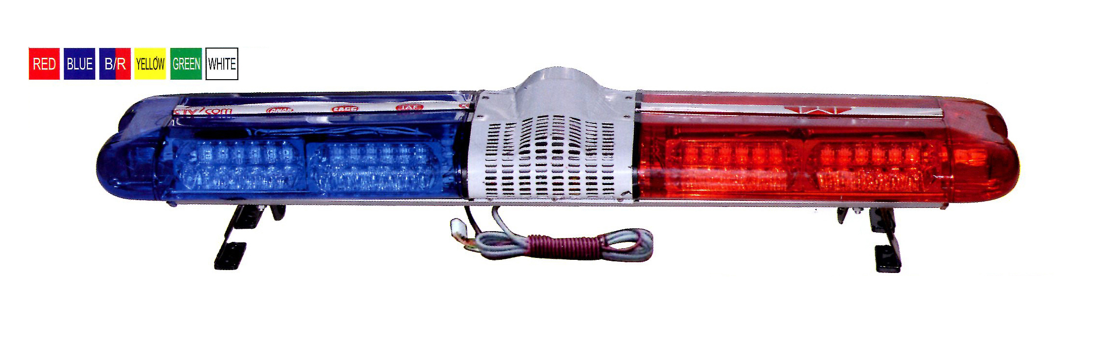 Emergency vehicle LED roof light bar showing color options