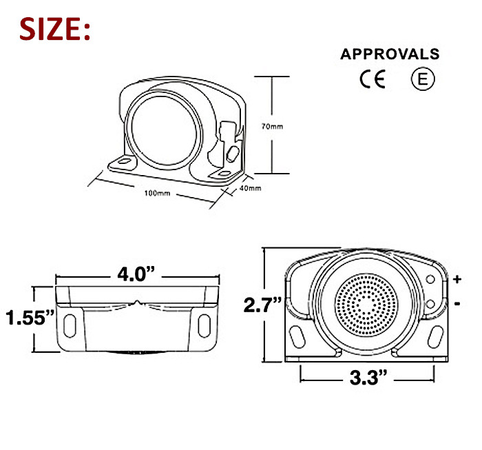 Technical diagram showing alarm dimensions