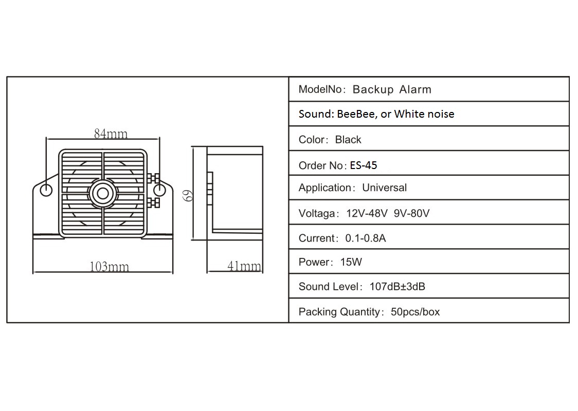 Technical diagram of the ES45 reversing alarm showing dimensions and specifications