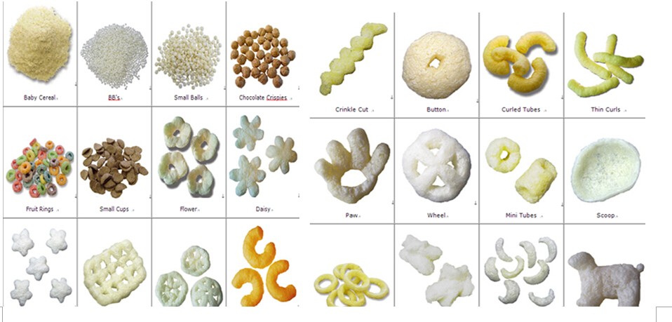 Variety of puffed snack shapes produced by the machine