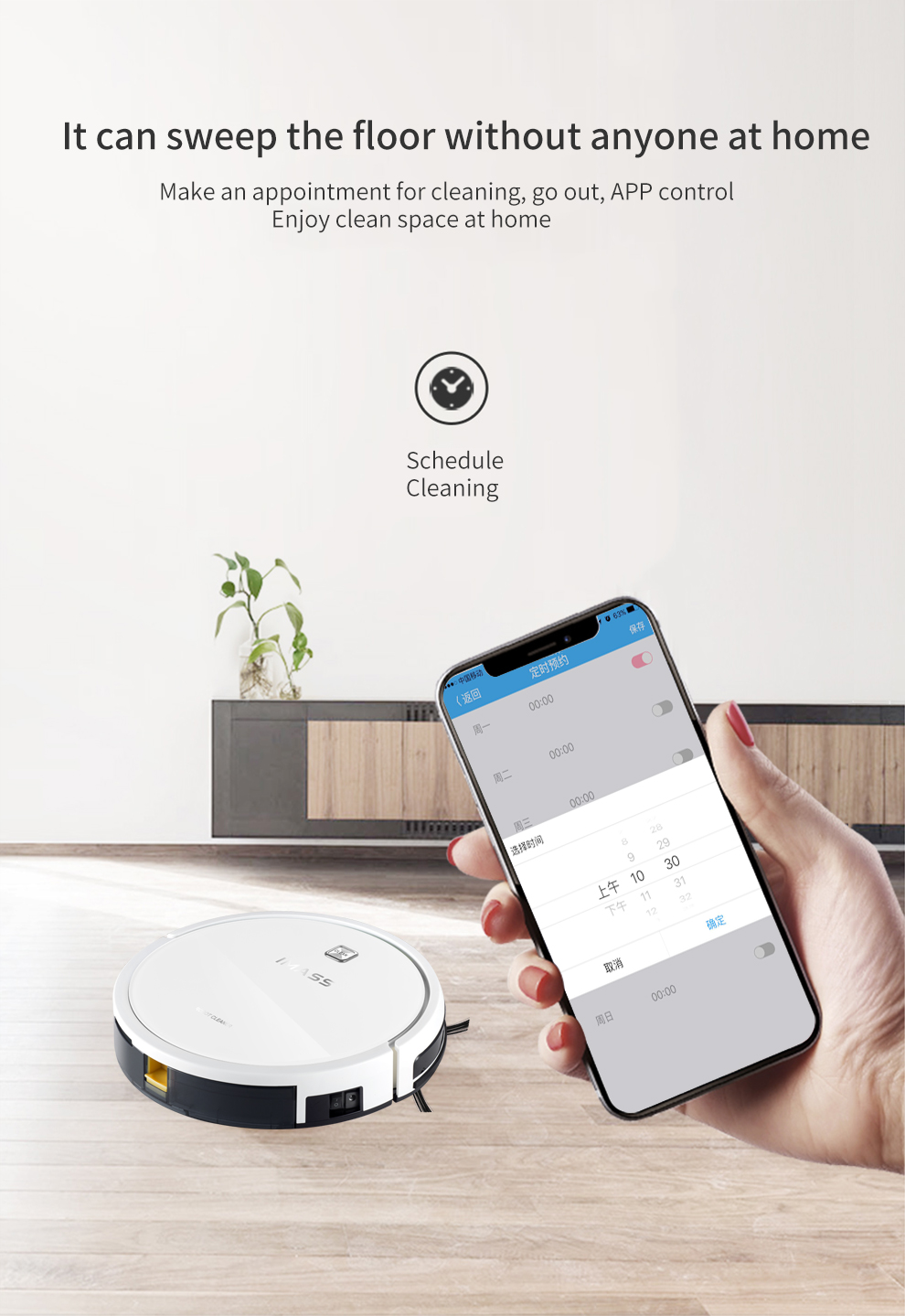Smartphone app interface showing cleaning schedule and remote control options