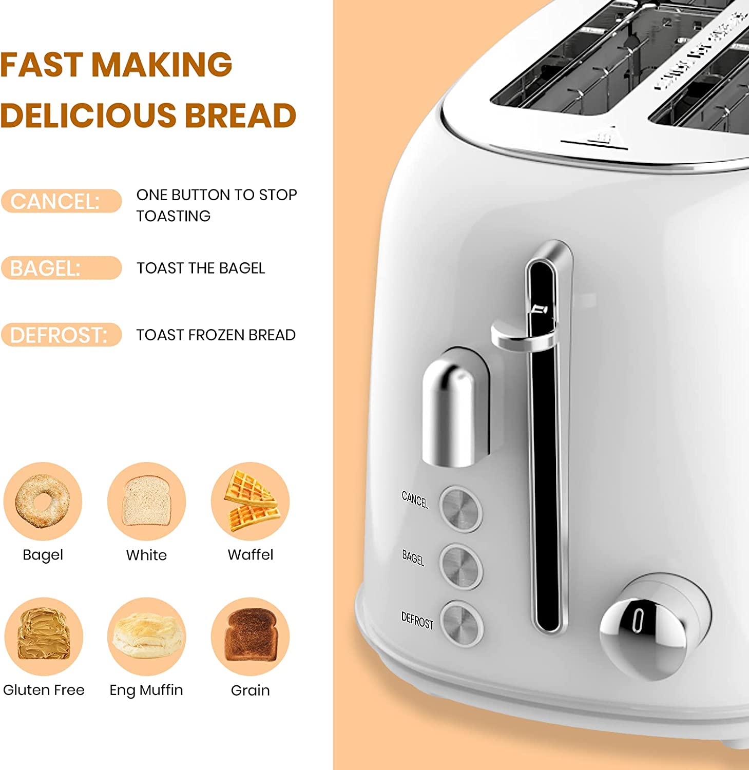 Toaster user interface showing various bread types and functions