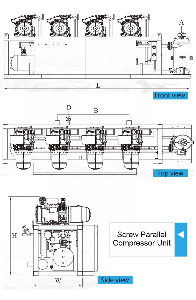 Diagram of the screw parallel compressor unit showing key layout