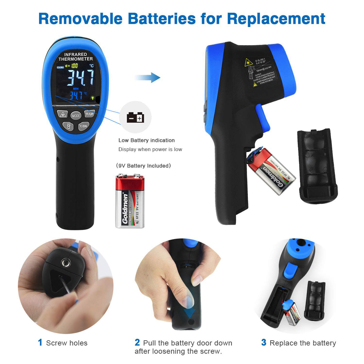 Battery compartment and laser safety information
