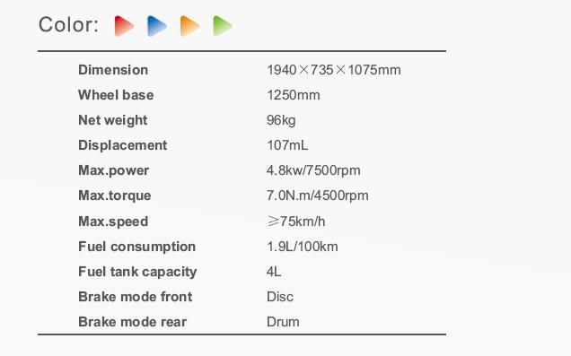 Technical specification chart for HJ110-9 motorcycle