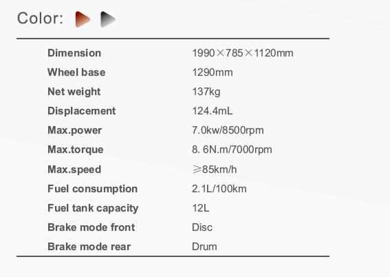 Technical specification chart for the HJ125-35 motorcycle