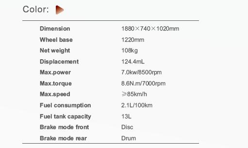 Table showing technical specifications for the HJ125-99 motorcycle