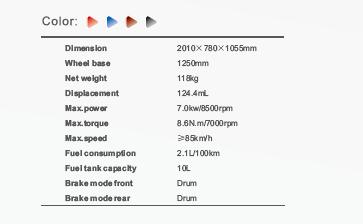 Motorcycle technical specification diagram showing dimensions and engine stats
