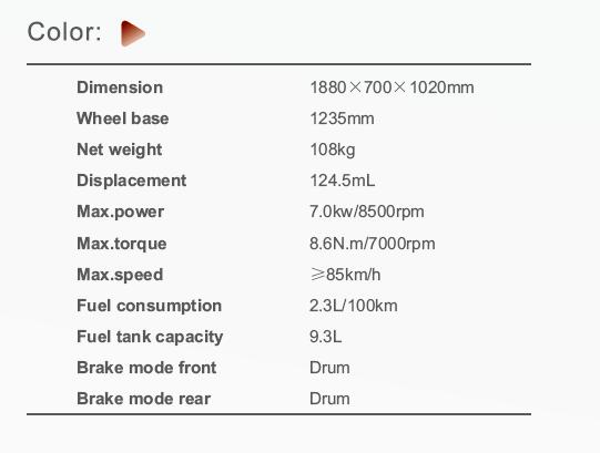 Technical specifications chart for the HJ125-XP motorcycle