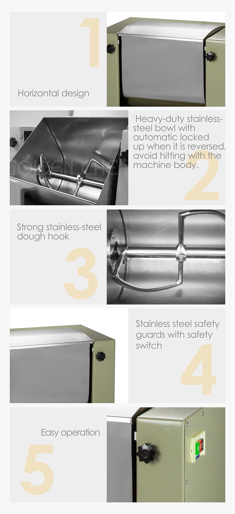 Close-up of the stainless steel dough hook and bowl locking mechanism.