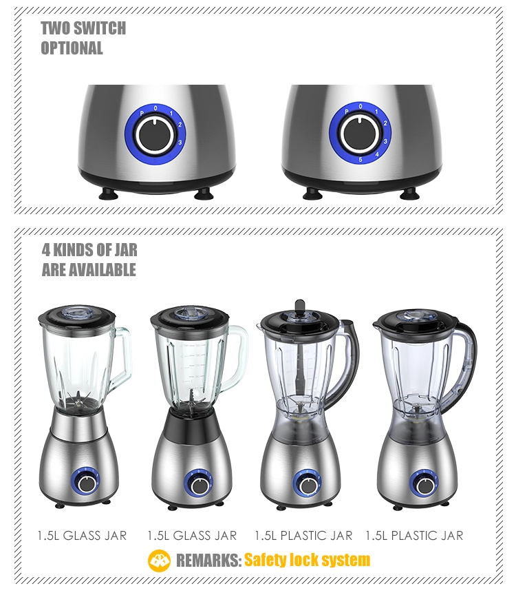 Blender showing jar options and safety lock mechanism