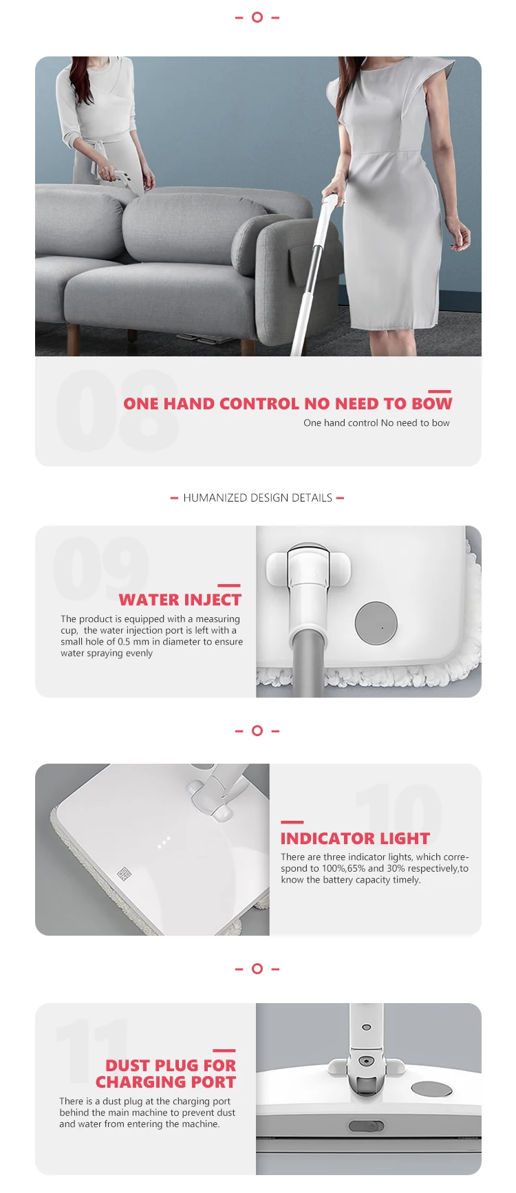 Detailed view of the water injection port, battery indicators, and charging port
