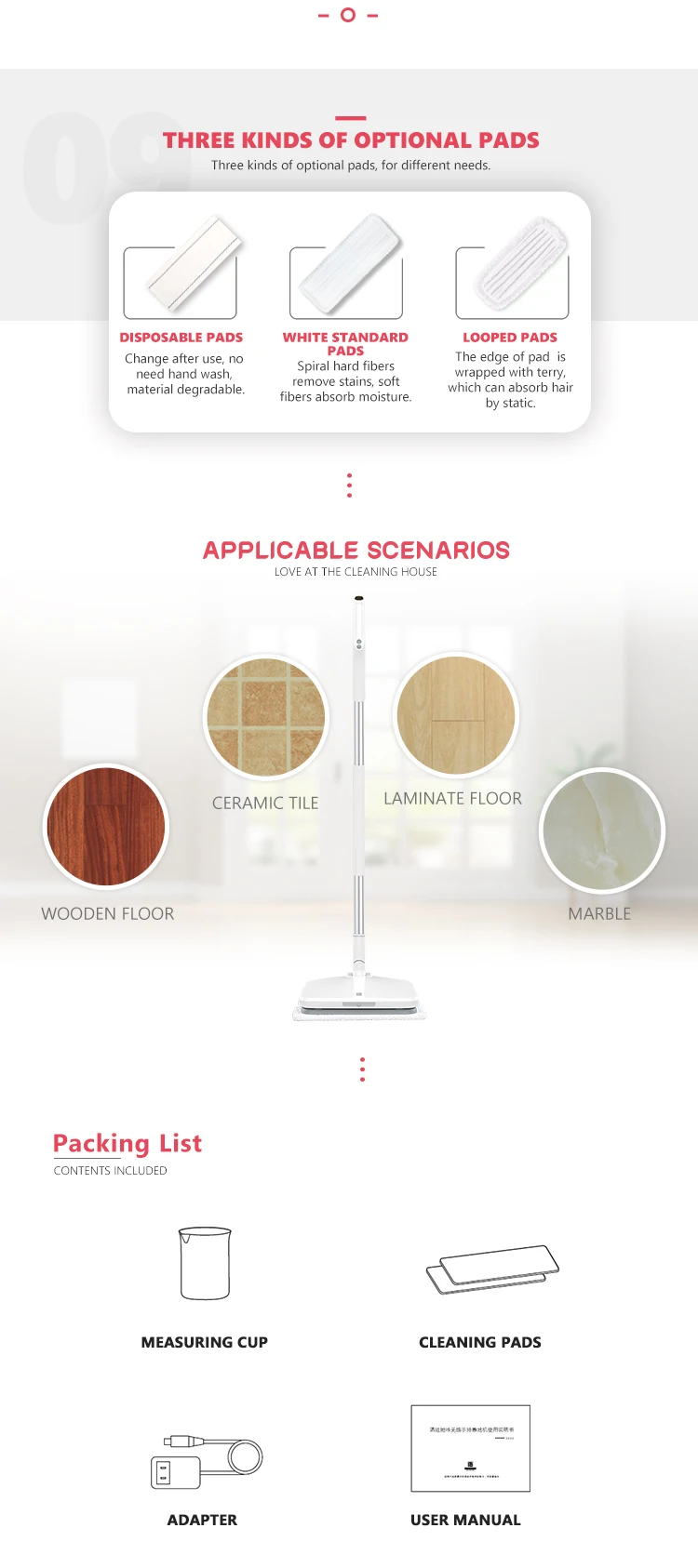 Overview of different cleaning pads and included accessories