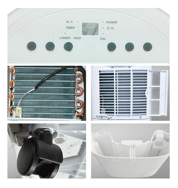 Close up of dehumidifier control panel and internal cooling components