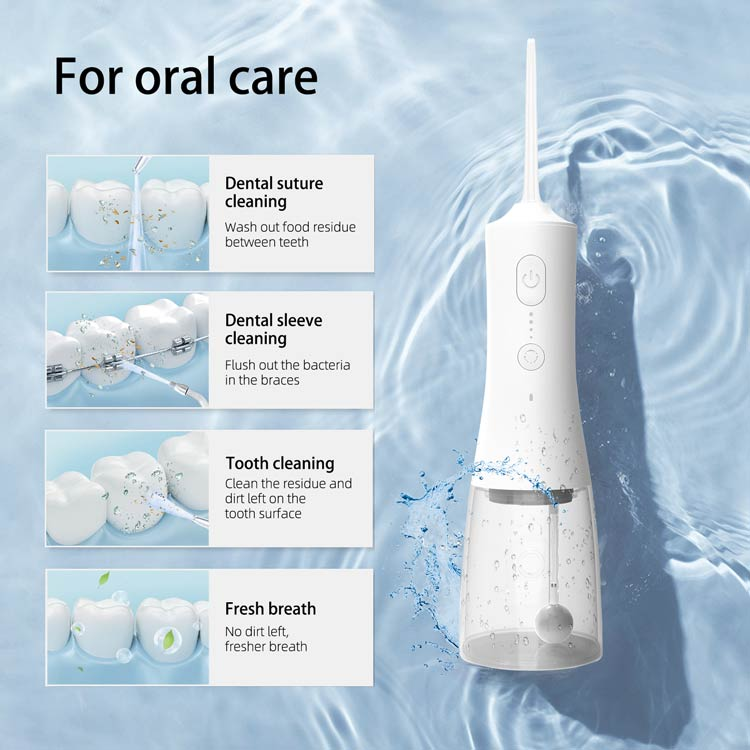 Diagram showing the water flosser's effectiveness on dental areas like braces and teeth gaps