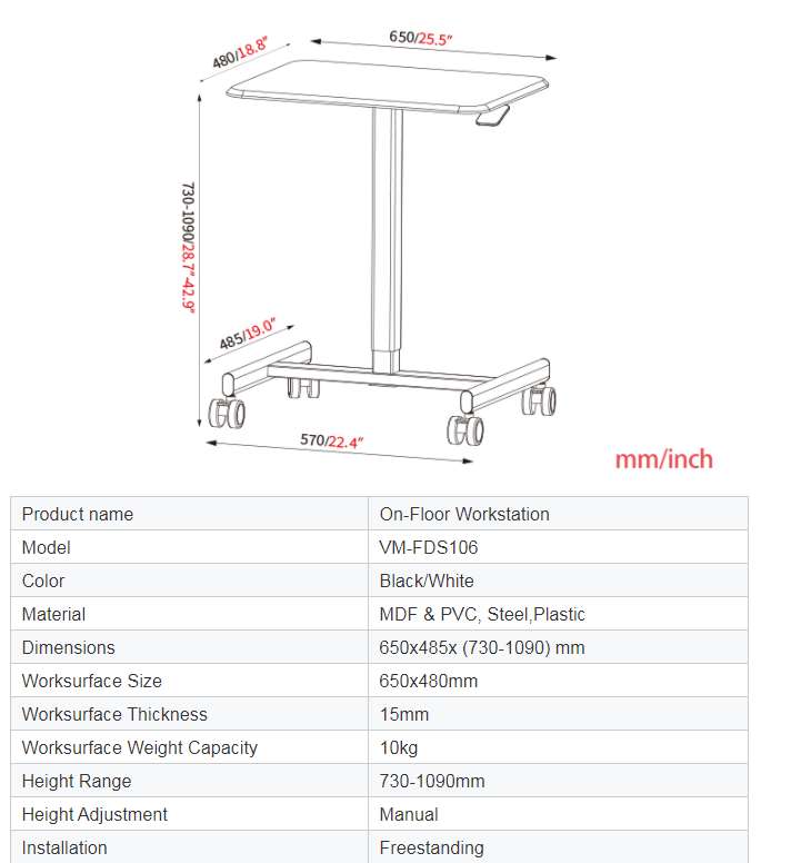 Technical diagram of the adjustable height mobile laptop desk showing dimensions and materials.