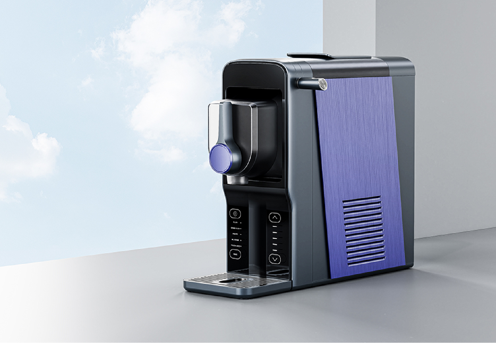 Modern electric slushie maker for home use on a kitchen counter