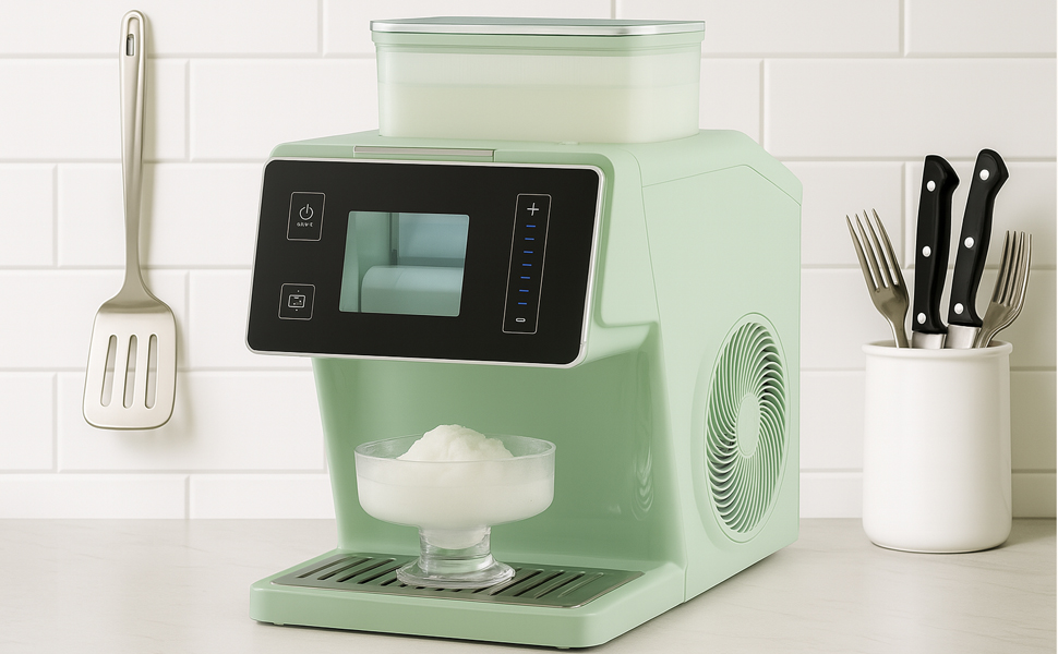 Close up of the countertop snowflake ice maker showing control panel and ice output