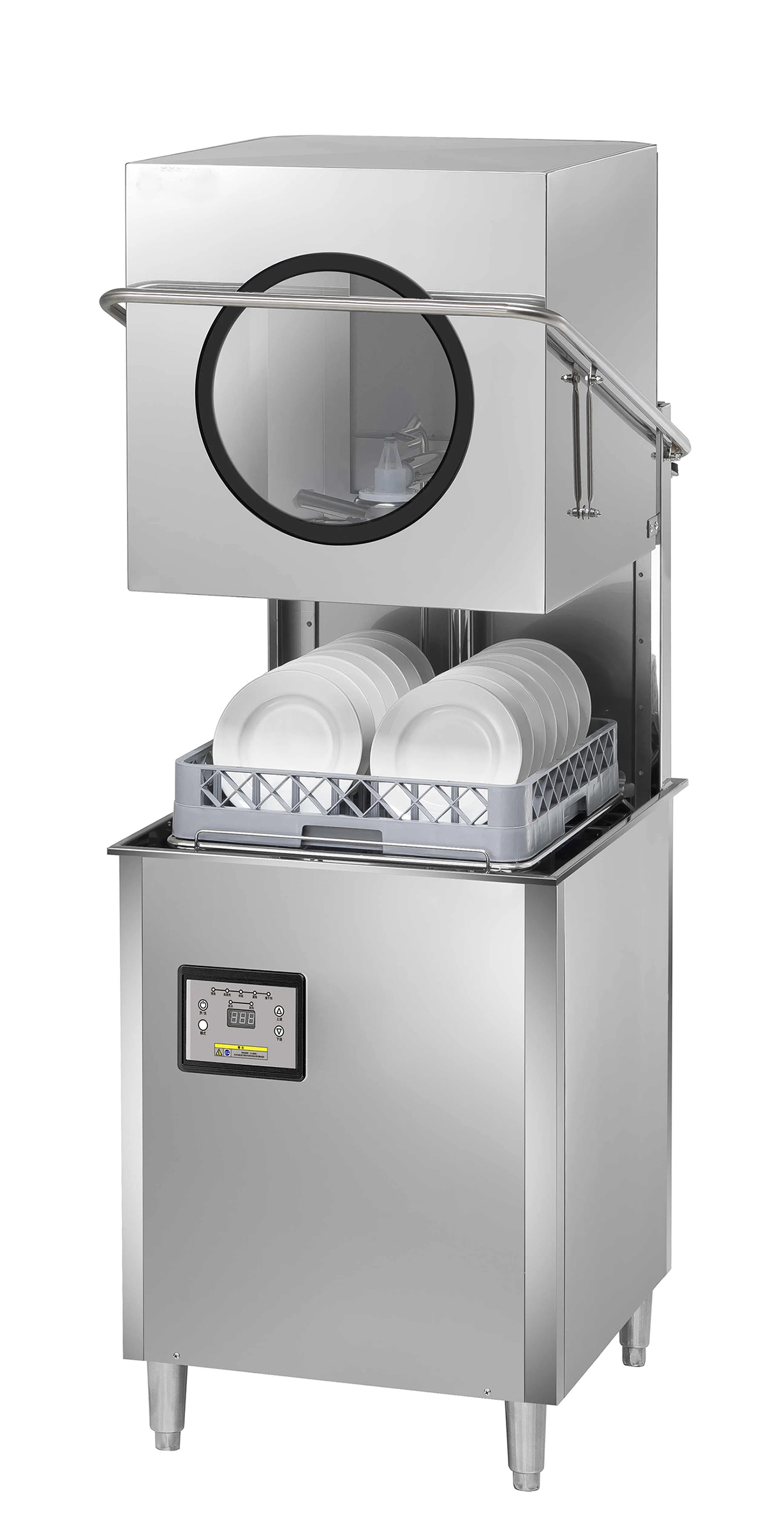 Hood-type dishwasher with circular viewing window