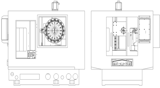 Horizontal machining center showing rotary tool magazine and control panel.