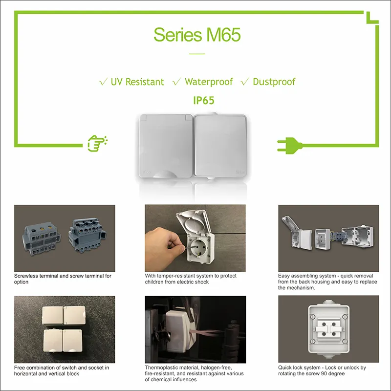 Technical diagram and feature summary of the M65 series switch