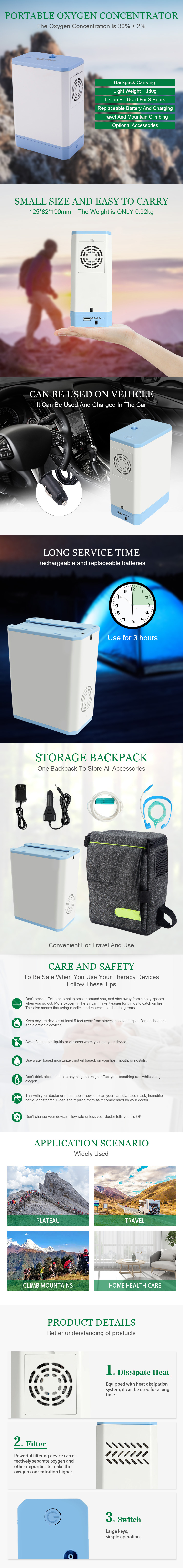 Detailed features of the oxygen concentrator including filter and heat dissipation