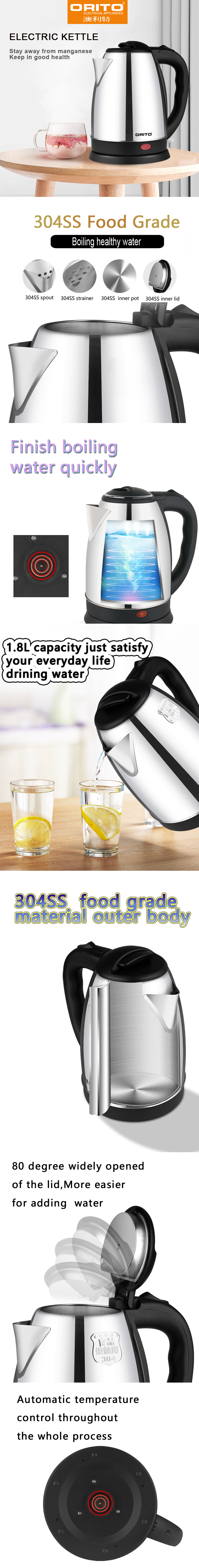Diagram showing the 304 stainless steel components of the electric kettle including the inner pot, lid, and spout.