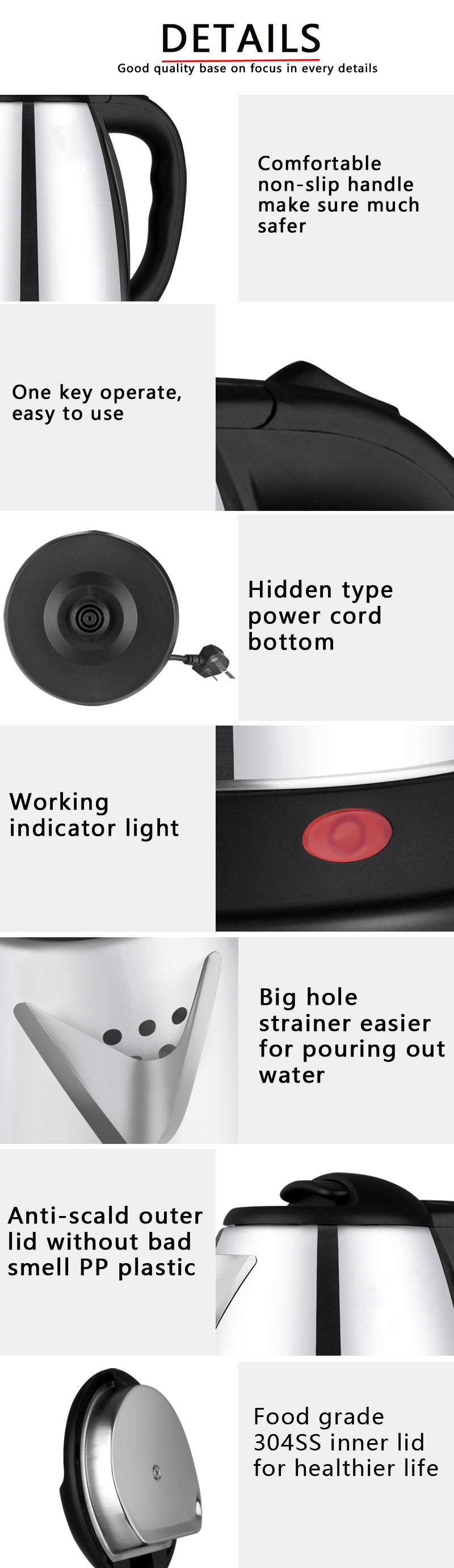Close-up features of the electric kettle including the handle, power cord storage, and lid mechanism.