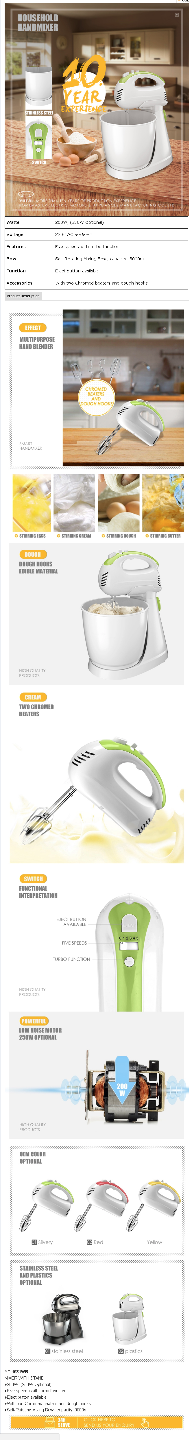 Detailed product infographic showing mixer components and technical specifications.
