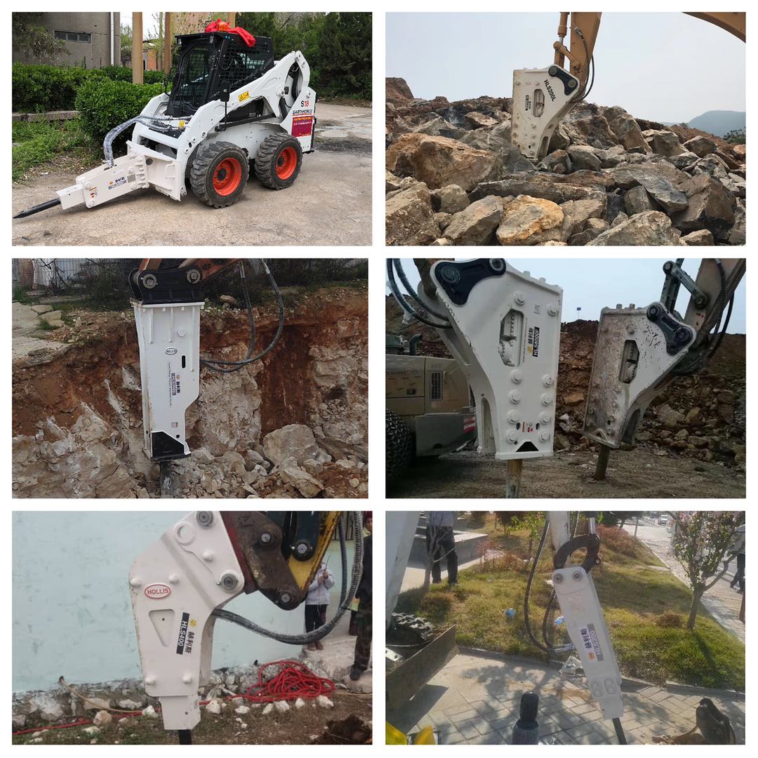 Hydraulic rock breaker attached to an excavator in a work setting