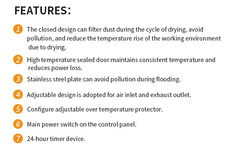 Technical features diagram of the stainless steel box dryer