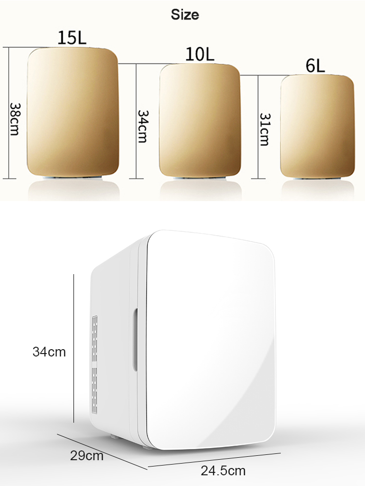 Diagram showing the physical dimensions of the 10L mini fridge